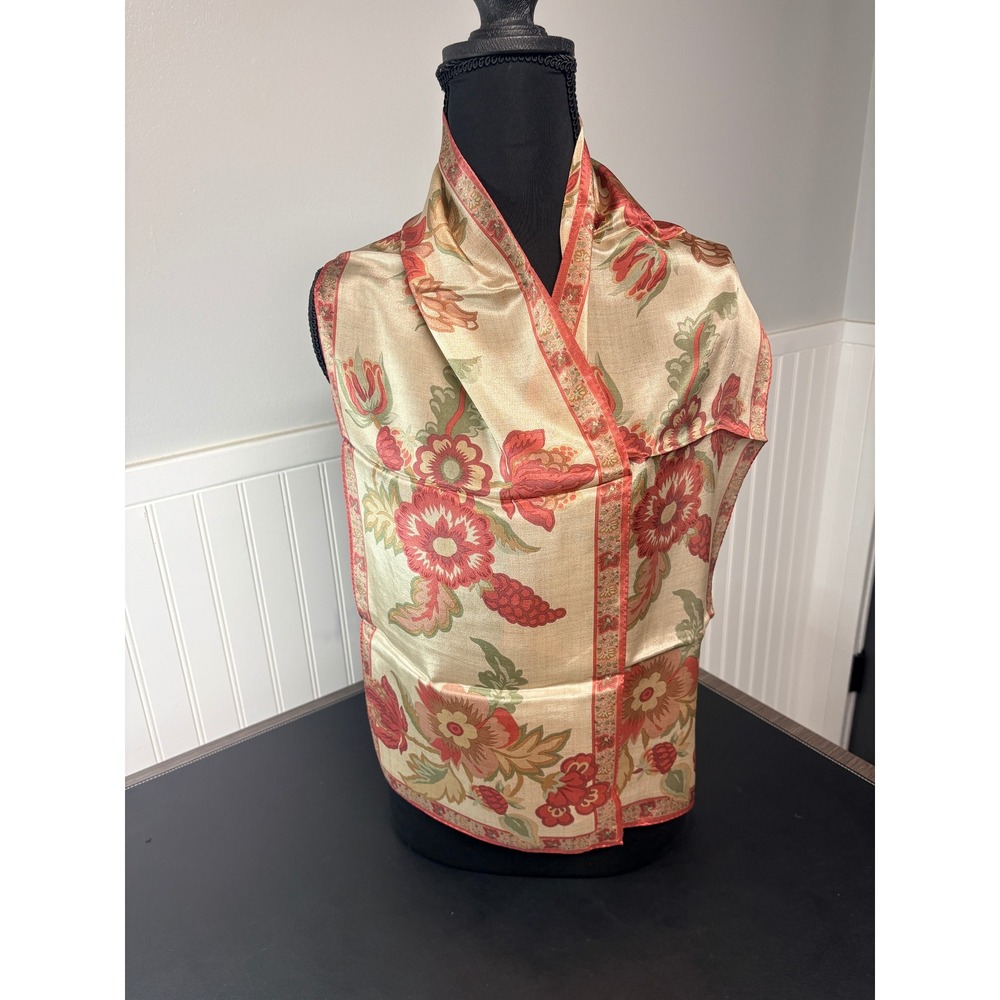 Liz Claiborne Vintage 100% Silk Floral Scarf Pink Green‎ Tan 52X10 Made in Japan